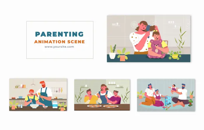 Parents Spending Time with Kids Flat Character Animation Scene